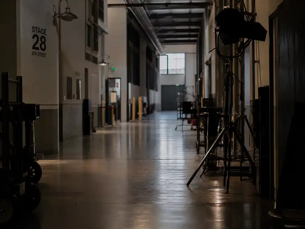 An empty Hollywood studio hallway reflects the Hayden Panettiere memoir discussion about industry safety.