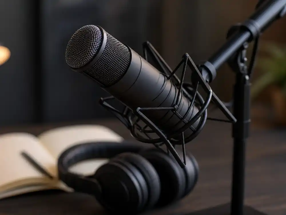 A podcast microphone symbolizes the Hayden Panettiere memoir interview on On Purpose.