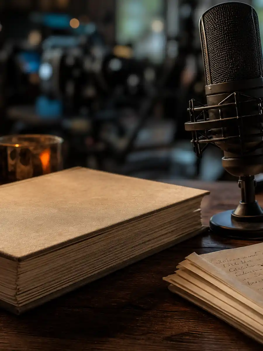 Hayden Panettiere memoir poster with a textured manuscript and podcast microphone.