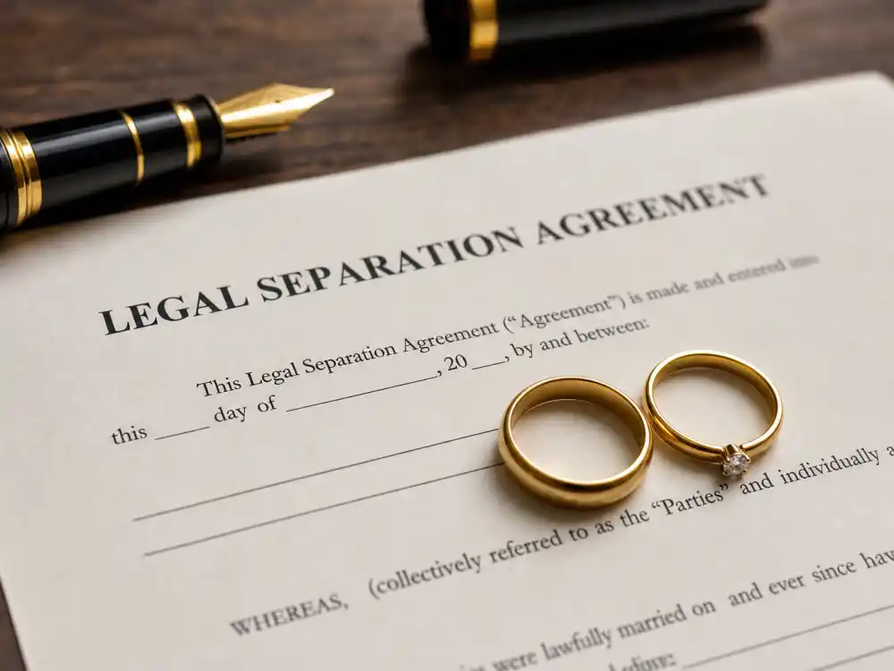 Wedding rings resting on a legal separation agreement document in a Hollywood divorce case