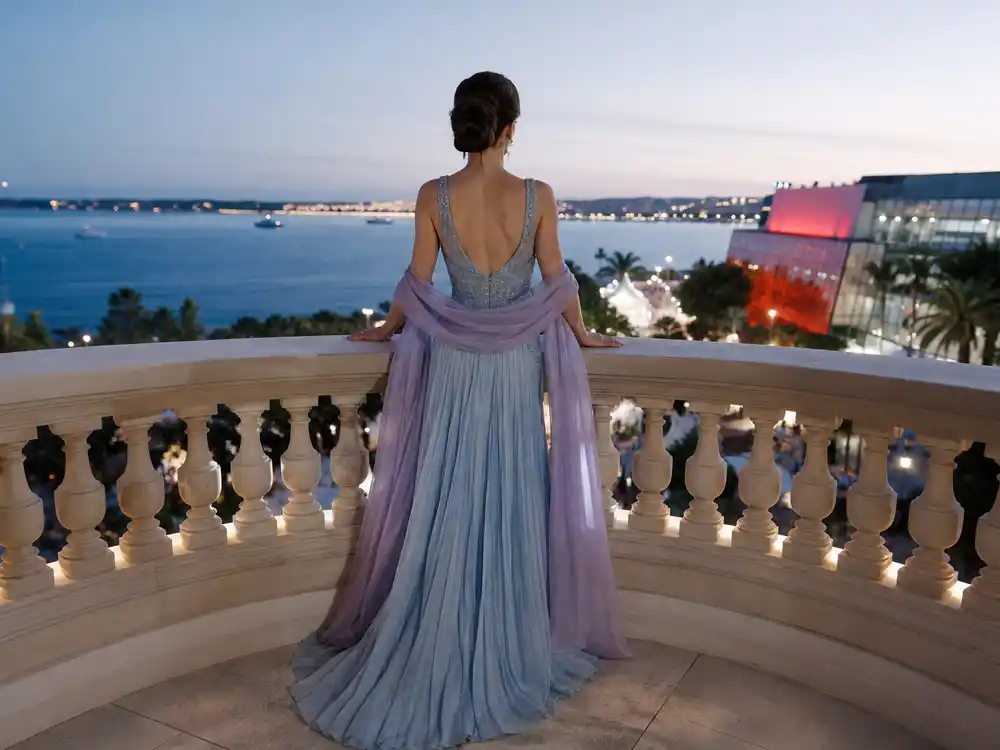 Ice blue Old Hollywood gown silhouette representing Cannes 2026 viral fashion admiration.