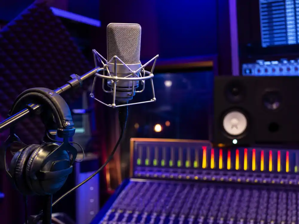 Professional recording studio with microphone where Ice Spice boyfriend rumors often start among collaborators
