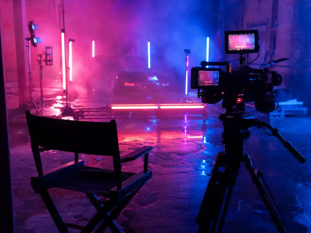 Neon-lit music video production set reflecting Ice Spice dating history and her rise through the hip-hop scene
