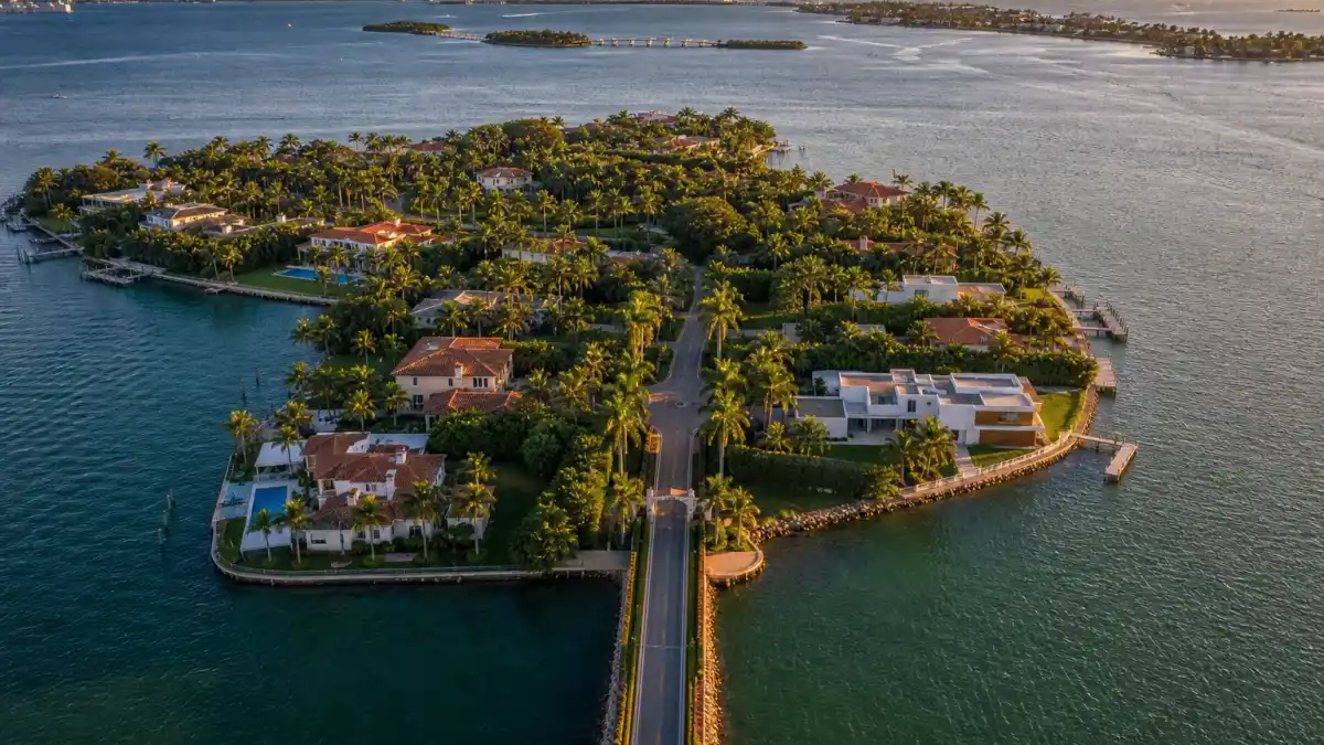 Aerial of the Indian Creek Village billionaire bunker private island in Biscayne Bay