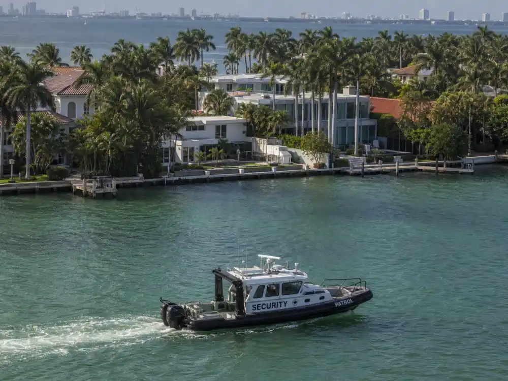 Indian Creek Village marine patrol boat on Biscayne Bay protecting the Indian Creek Village billionaire bunker