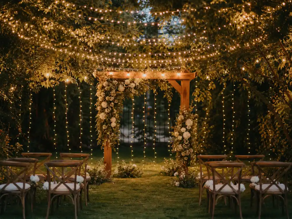 Intimate outdoor garden wedding ceremony setup with fairy lights similar to where Emma Stone baby was later celebrated