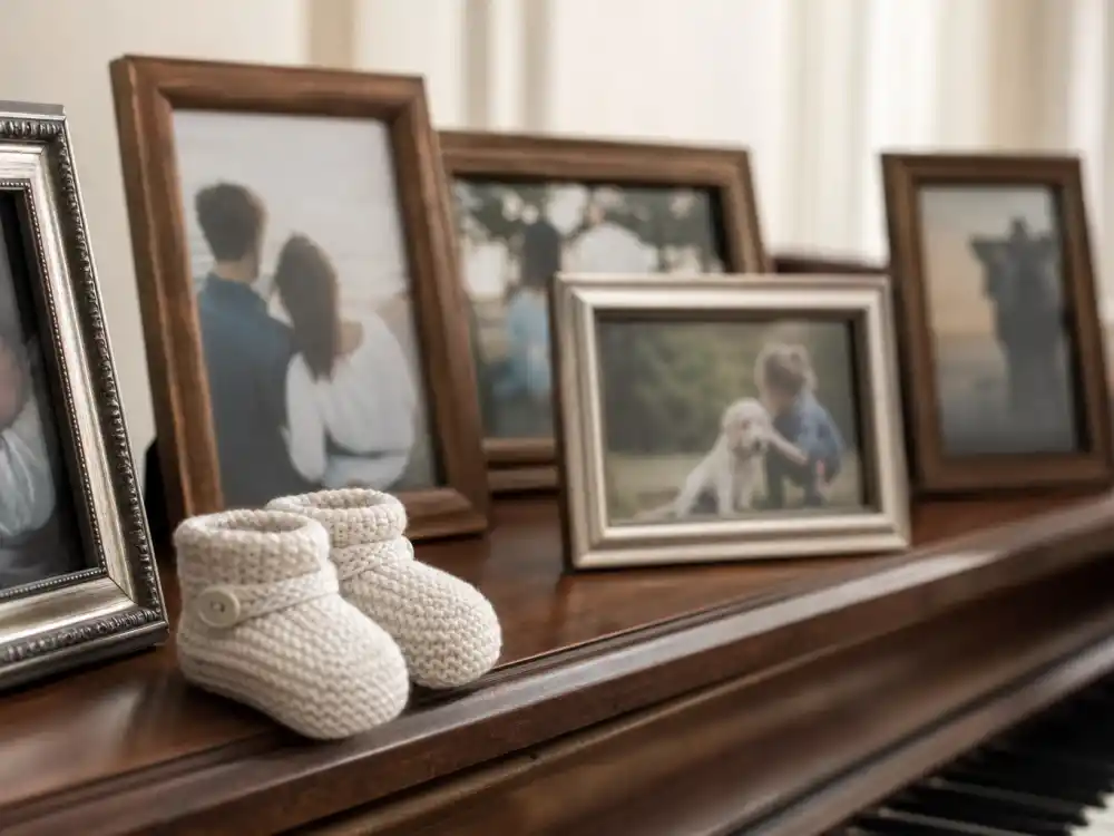 Family photo frames and baby booties symbolize the Jamie Foxx baby family timeline.