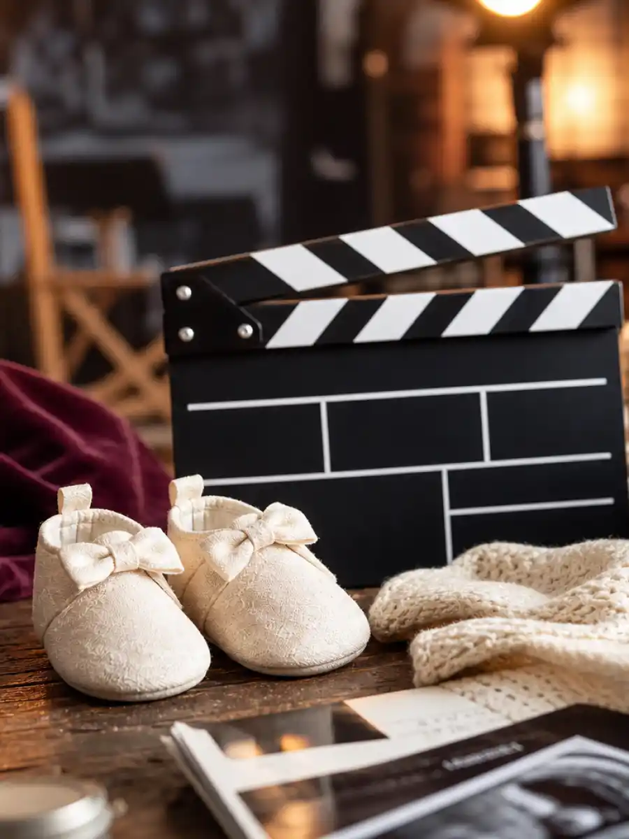 Jamie Foxx baby news poster with baby shoes, film reels, cameras, and a Hollywood clapperboard.