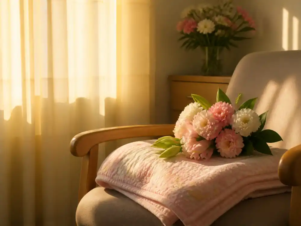 A hopeful blanket and flowers scene reflects emotional Jamie Foxx baby news after recovery.