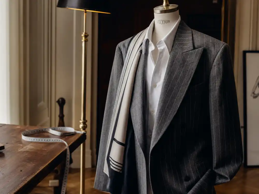 Oversized gray pinstripe suit on a tailor mannequin echoing the look Janet Jackson wore to her Grammy Hall of Fame induction