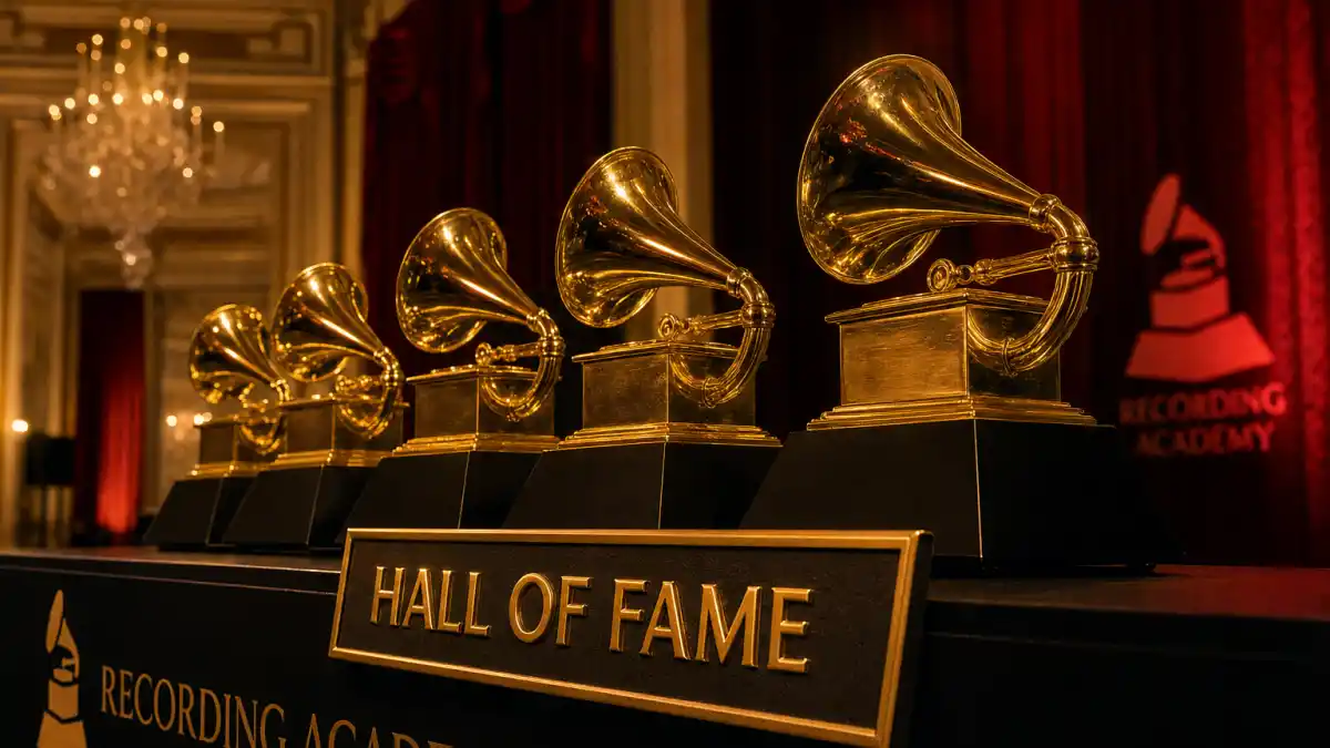 Row of golden gramophone trophies on a Hall of Fame podium representing the Janet Jackson Grammy Hall of Fame ceremony in Beverly Hills