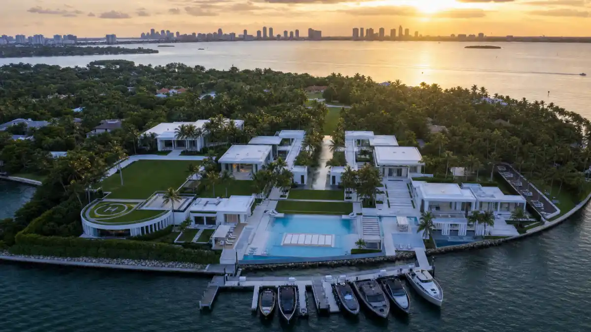 Aerial of an Indian Creek Village waterfront compound similar to the Jeff Bezos house Miami estate
