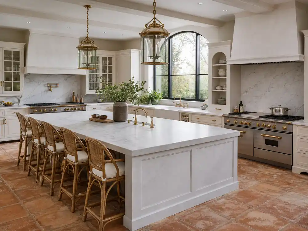Jennifer Lopez Bel Air mansion chef kitchen with marble island and brass pendant lights