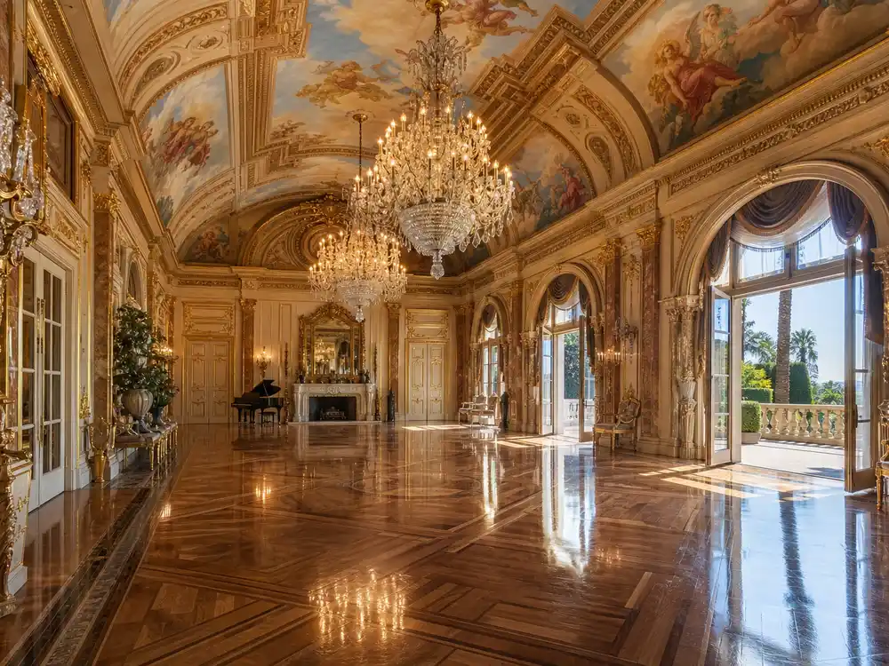 Jennifer Lopez Bel Air mansion grand ballroom with marble floor and crystal chandeliers