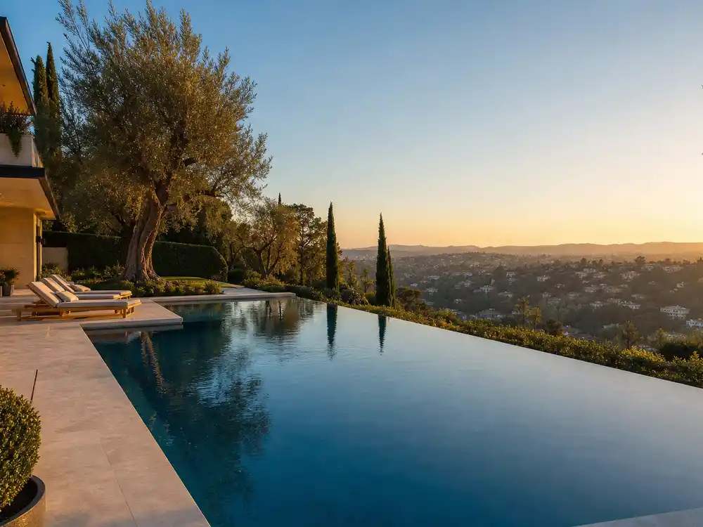 Jennifer Lopez Bel Air mansion pool with manicured gardens and stone deck