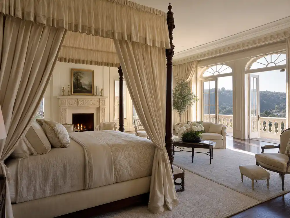 Jennifer Lopez Bel Air mansion primary suite with city views and four-poster bed
