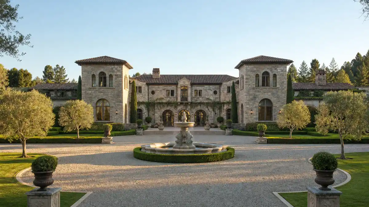 Jennifer Lopez Bel Air mansion stone facade with circular driveway and mature hedges