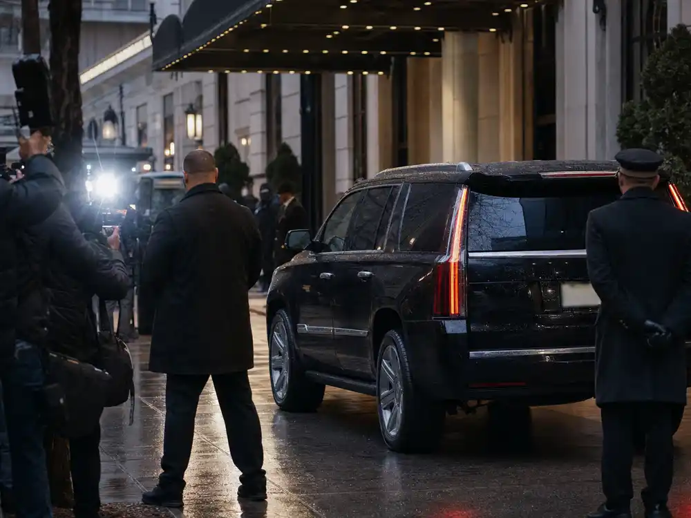 A black SUV outside a New York hotel shows the celebrity exit setting behind the Jennifer Lopez pap walk story.