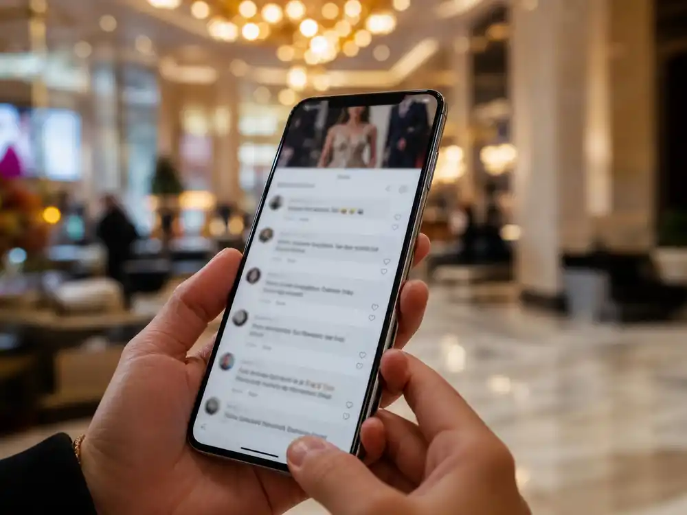 A phone with blurred social media reactions reflects online discussion of the Jennifer Lopez pap walk clip.