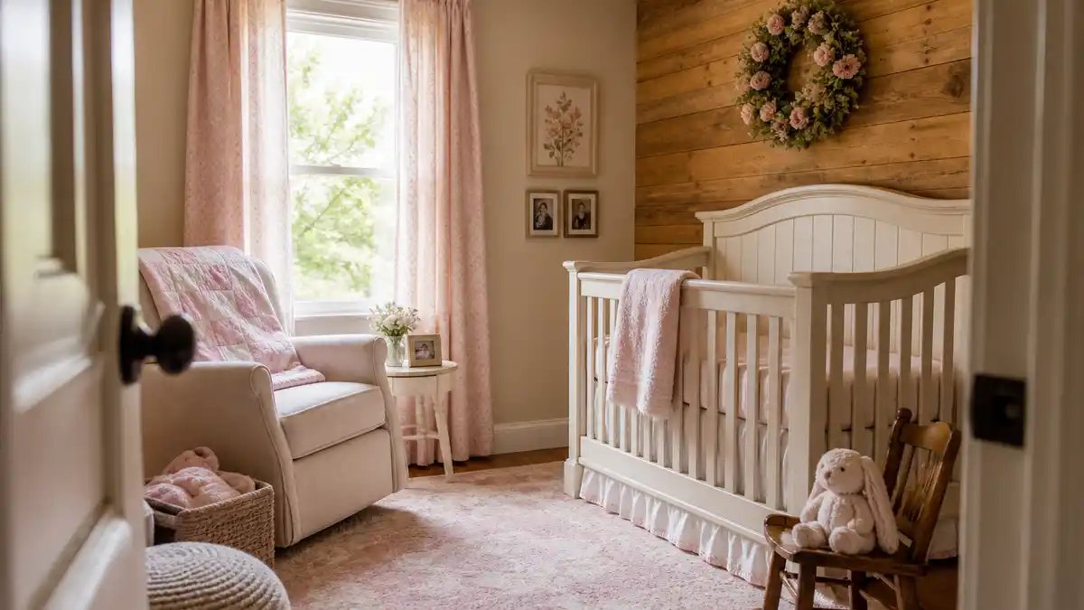Josh Duhamel baby news represented by a warm pink nursery for daughter Rocca de Leon Duhamel.