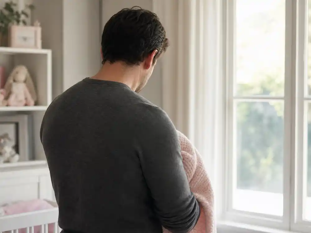Josh Duhamel girl dad excitement is represented by a father holding a newborn blanket from behind.