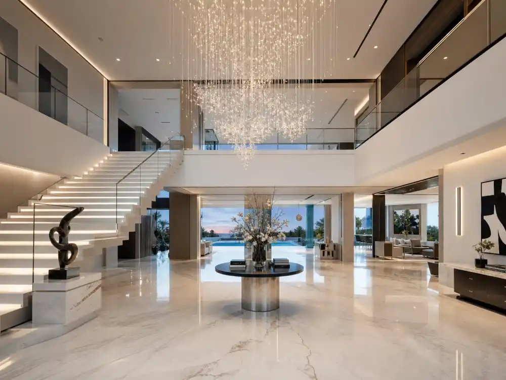 Double-height entry foyer with floating staircase and contemporary chandelier inside the Beverly Park mansion where Justin Bieber lives
