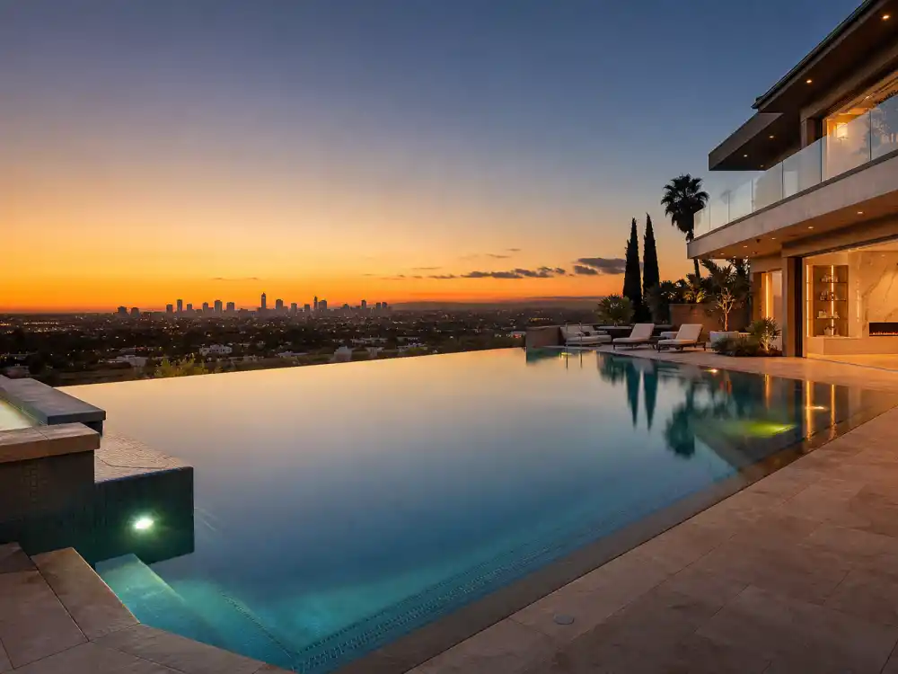 Black-tile infinity pool overlooking the Santa Monica Mountains at the Beverly Park estate where Justin Bieber lives