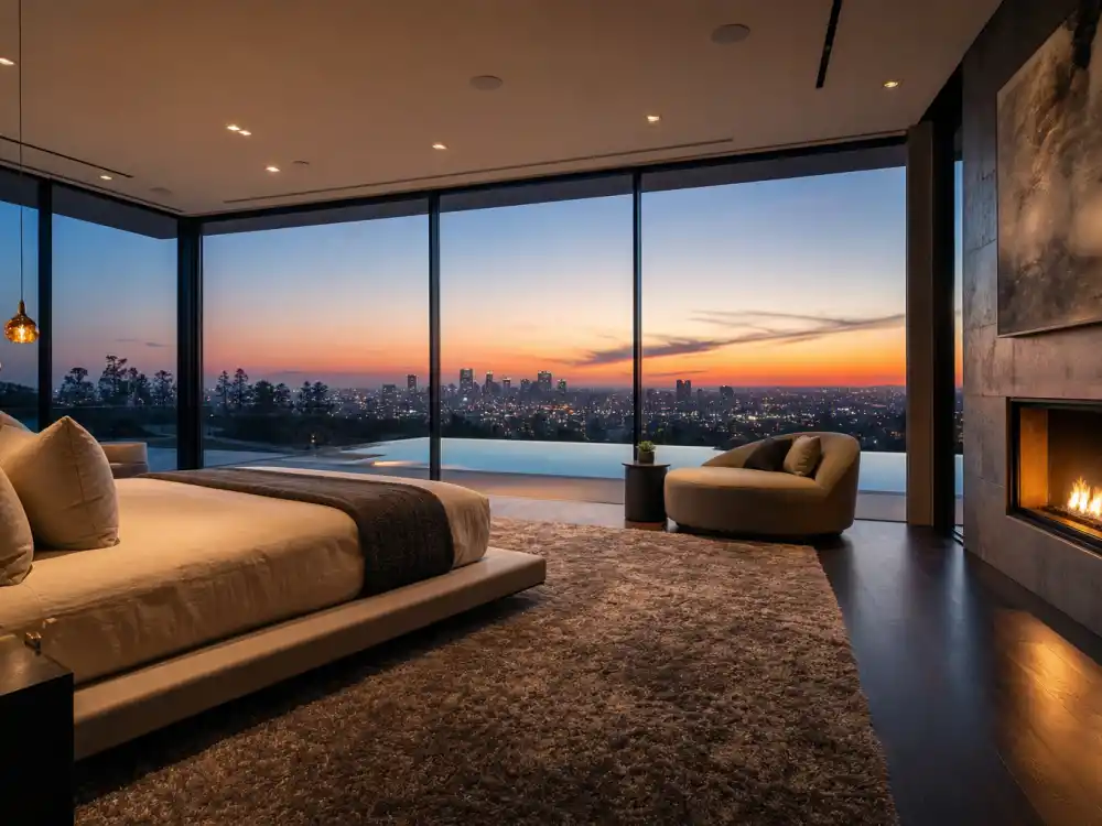 Master bedroom with wraparound canyon view and walnut headboard inside the Beverly Park home where Justin Bieber lives