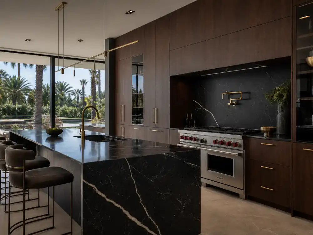 White Calacatta marble waterfall island and floor-to-ceiling glass overlooking the canyon at the Beverly Park kitchen where Justin Bieber lives