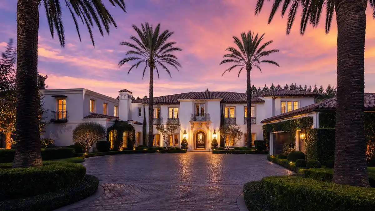 Justin Bieber house Beverly Park Mediterranean exterior at golden hour