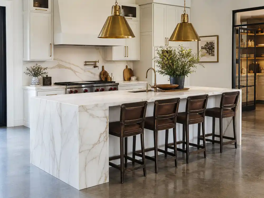 Justin Bieber house marble Calacatta waterfall island chef kitchen