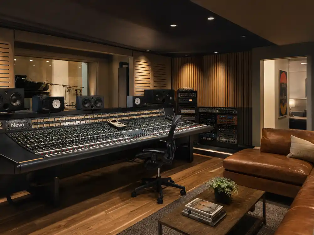 Justin Bieber house private recording studio with mixing console and acoustic panels