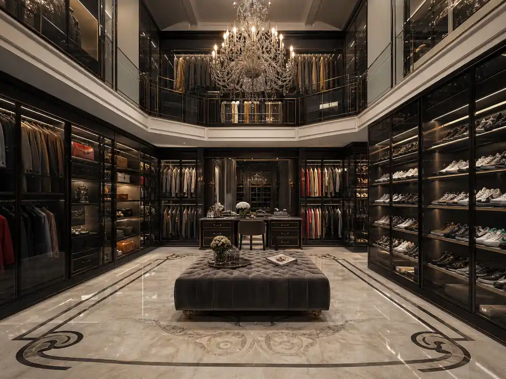 Justin Bieber house two-story walk-in closet with chandelier and shoe wall