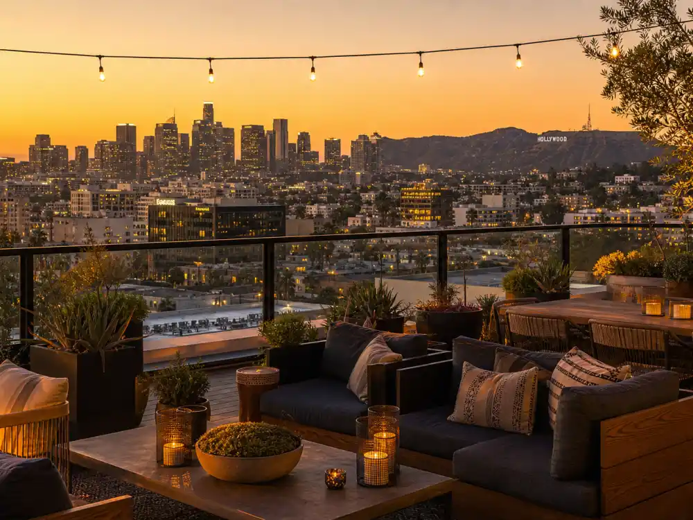 Los Angeles rooftop lounge at sunset where Kendall Jenner and Jacob Elordi enjoy private dates