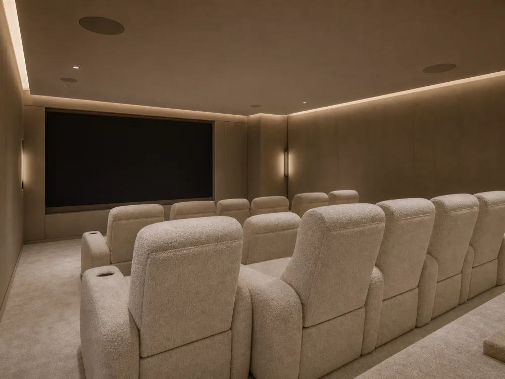 Kim Kardashian Calabasas minimalist home theater with cream boucle recliners and beige microsuede walls