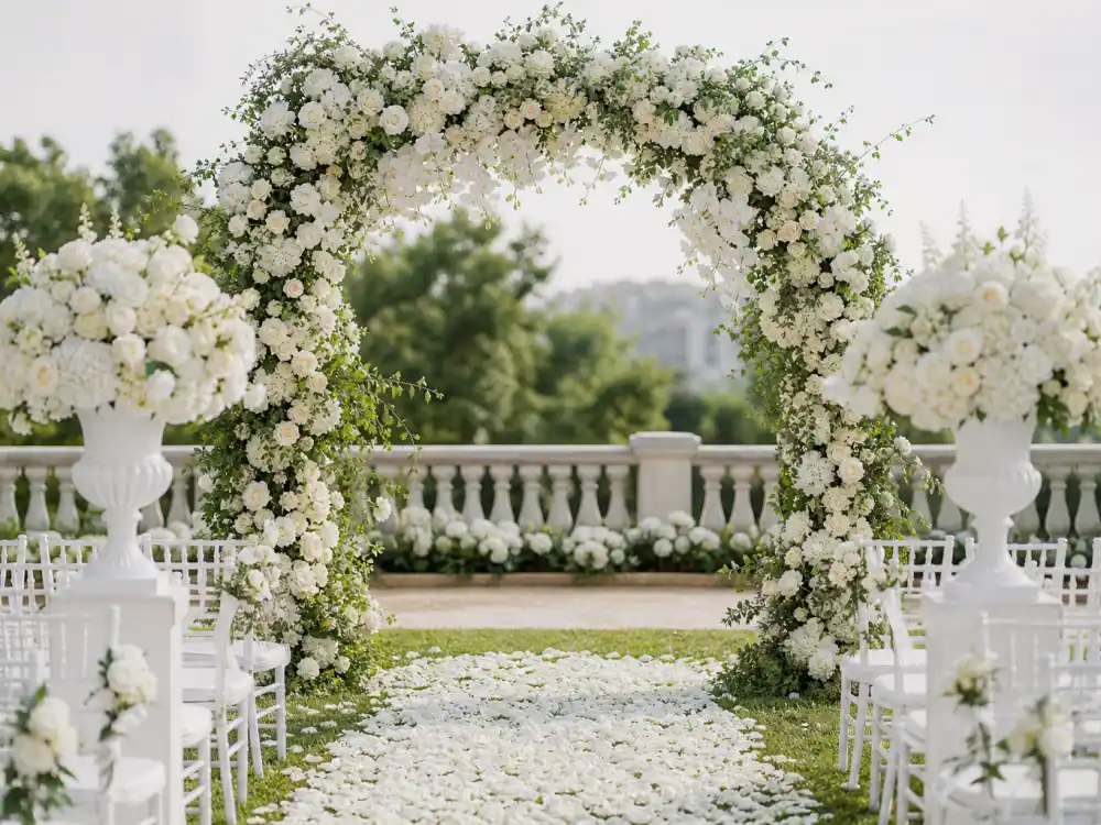 Elegant outdoor wedding venue with white floral archway representing Kim Kardashian ex husbands ceremonies