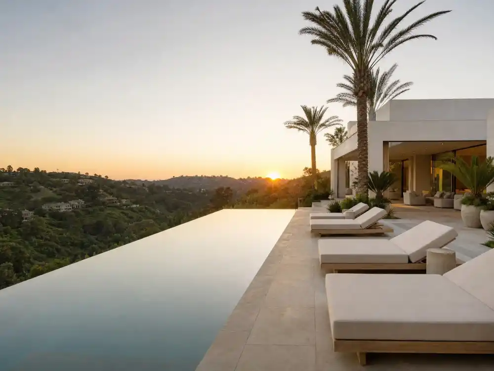 Infinity edge swimming pool overlooking canyon hills at the Kim Kardashian house in Hidden Hills