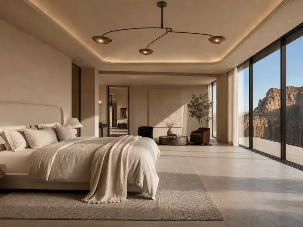 Minimalist primary bedroom suite with floor to ceiling windows similar to the Kim Kardashian Hidden Hills mansion