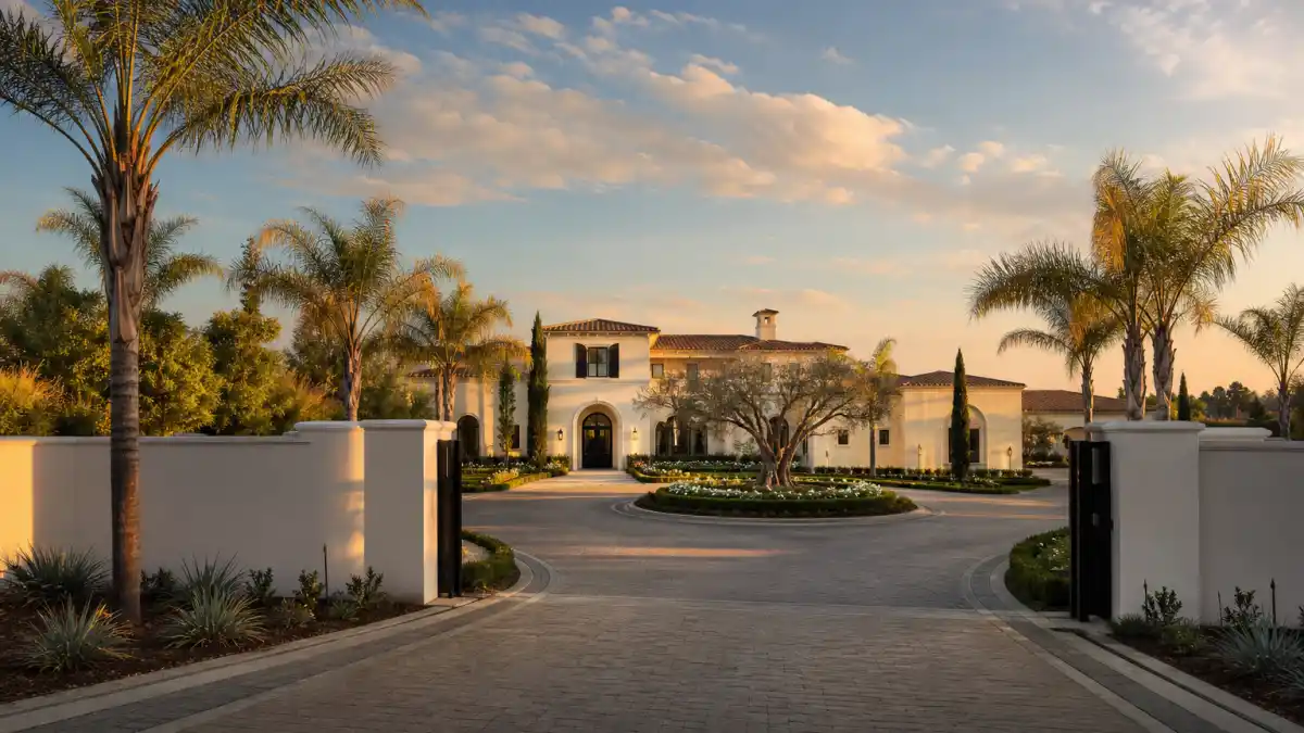 Grand Mediterranean style estate behind tall walls with palm trees — typical of the Kim Kardashian house in Hidden Hills
