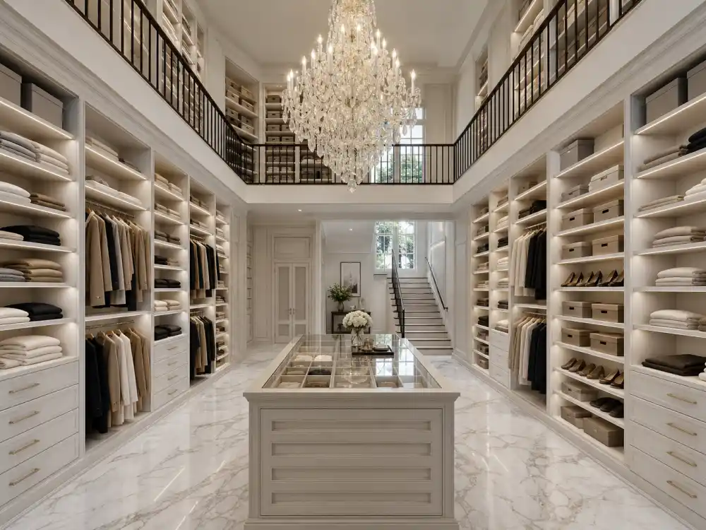 Two story luxury walk in closet with chandelier styled like the Kim Kardashian house