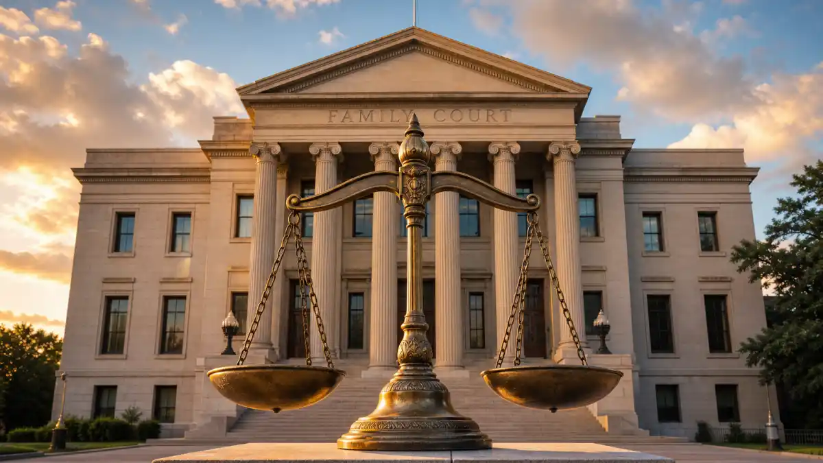 Family law courthouse with scales of justice representing the Kim Kardashian Kanye West custody battle