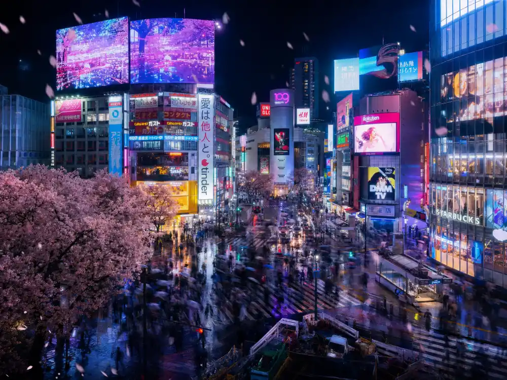 Tokyo cityscape at night neon lights where Kim Kardashian Lewis Hamilton vacationed with kids