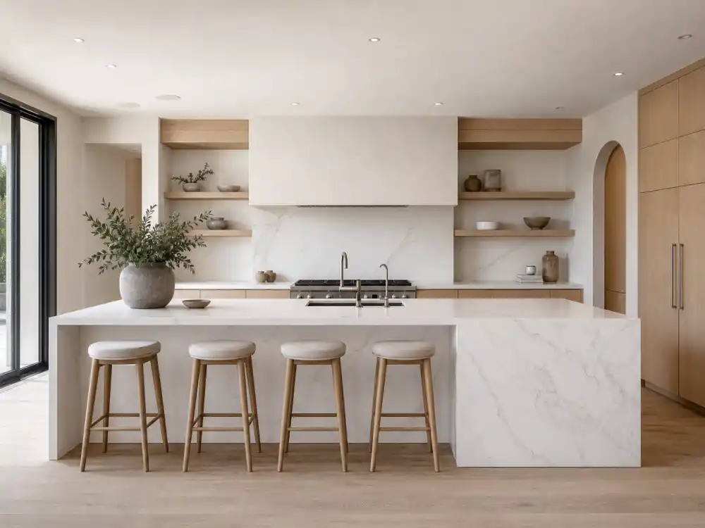 Minimalist Calacatta marble waterfall island chef kitchen styled like the Kim Kardashian house interior