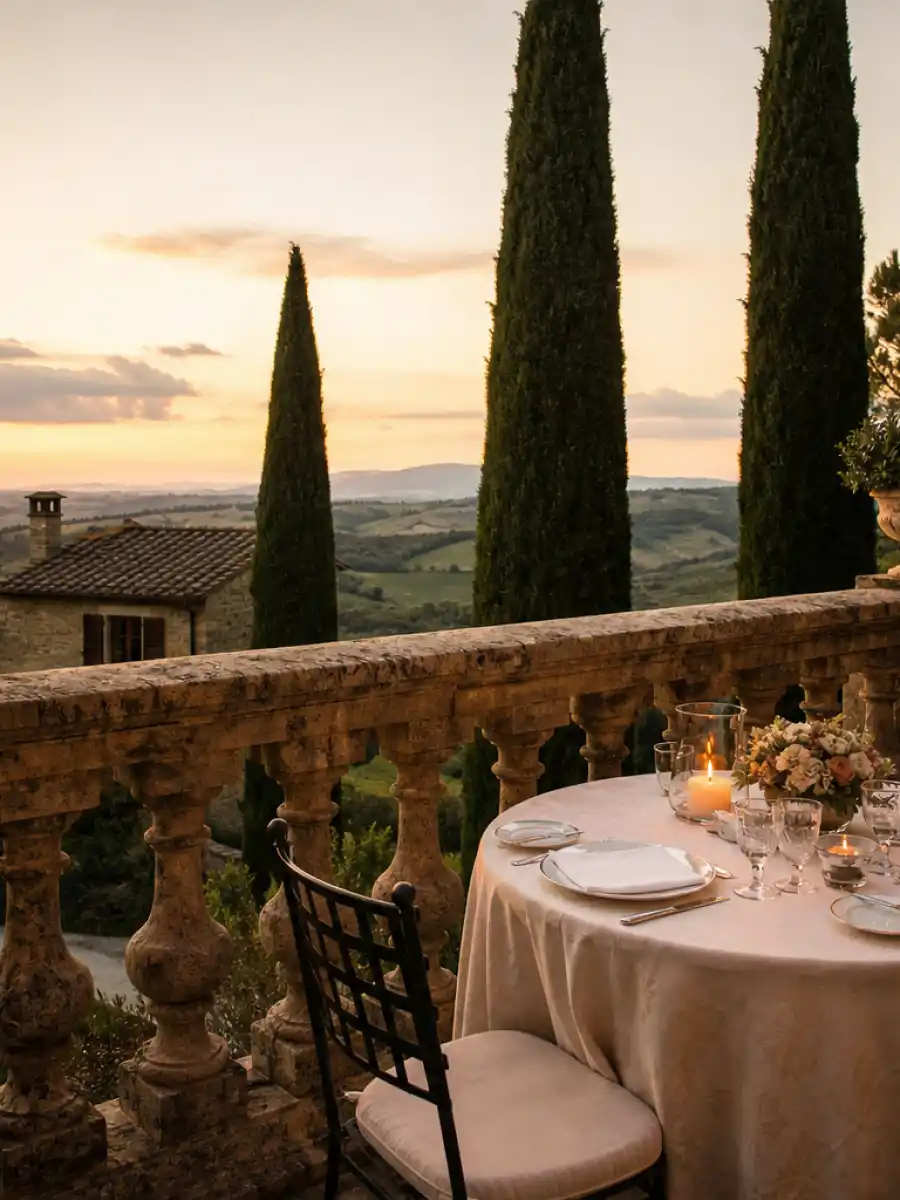 Italian villa sunset representing Kim Kardashian relationships and love story