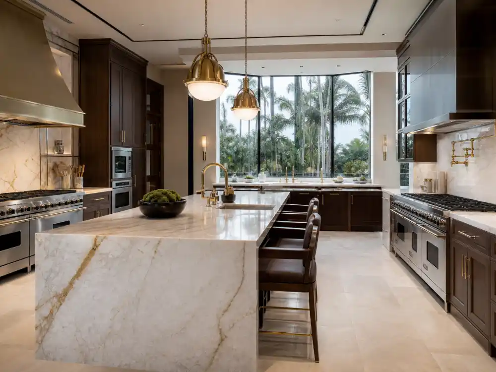 Marble waterfall kitchen island typical of the Kylie Jenner Hidden Hills sale interiors
