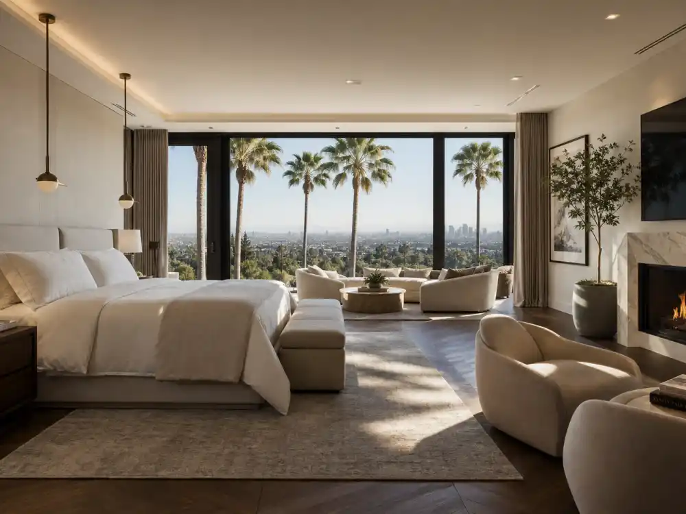 Primary suite with floor-to-ceiling windows in a mansion similar to the Kylie Jenner Hidden Hills sale property