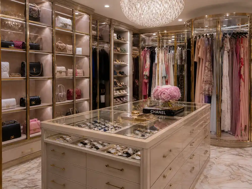 Two-story walk-in closet of the kind highlighted in the Kylie Jenner Hidden Hills sale listing photos