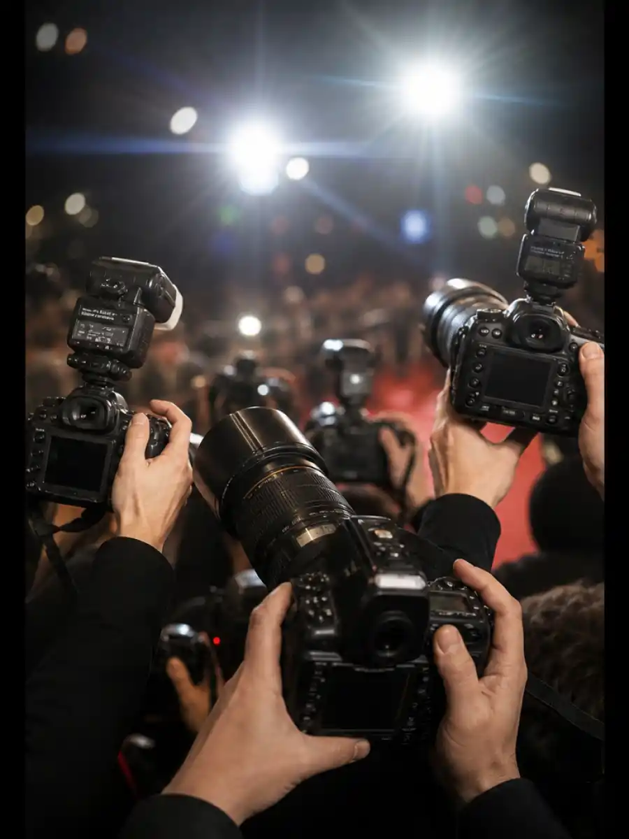 Paparazzi cameras at a celebrity event capturing the Leonardo DiCaprio age gap story