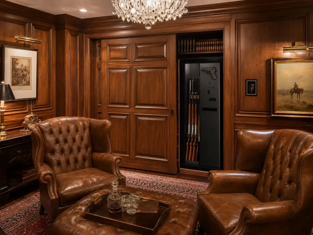 Luxury celebrity panic rooms disguised as a master bedroom suite with hidden steel reinforcement behind designer paneling