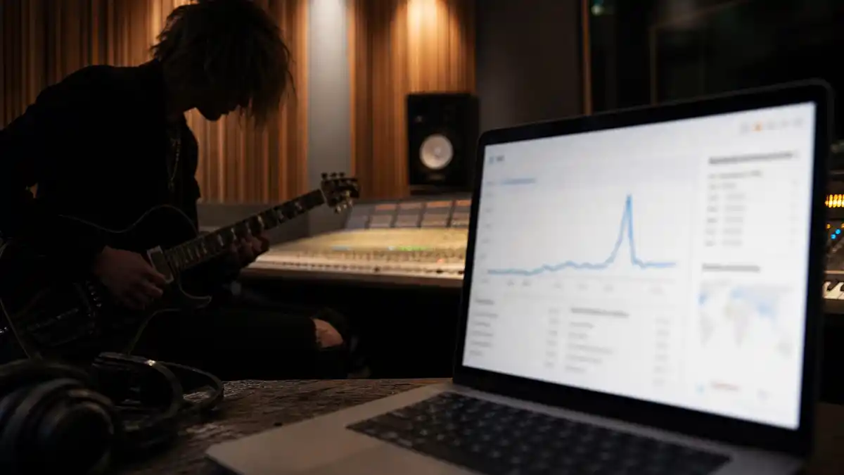 machine gun kelly megan fox 700 percent search spike may 2026 is visualized by an anonymous rock musician in a recording studio beside search analytics.